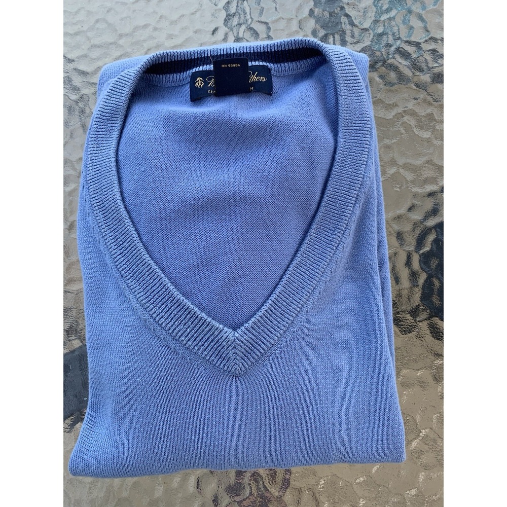 Brooks Brothers Supima V Neck Long Sleeve Ribbed Edge Sweater Blue‎ Mens L